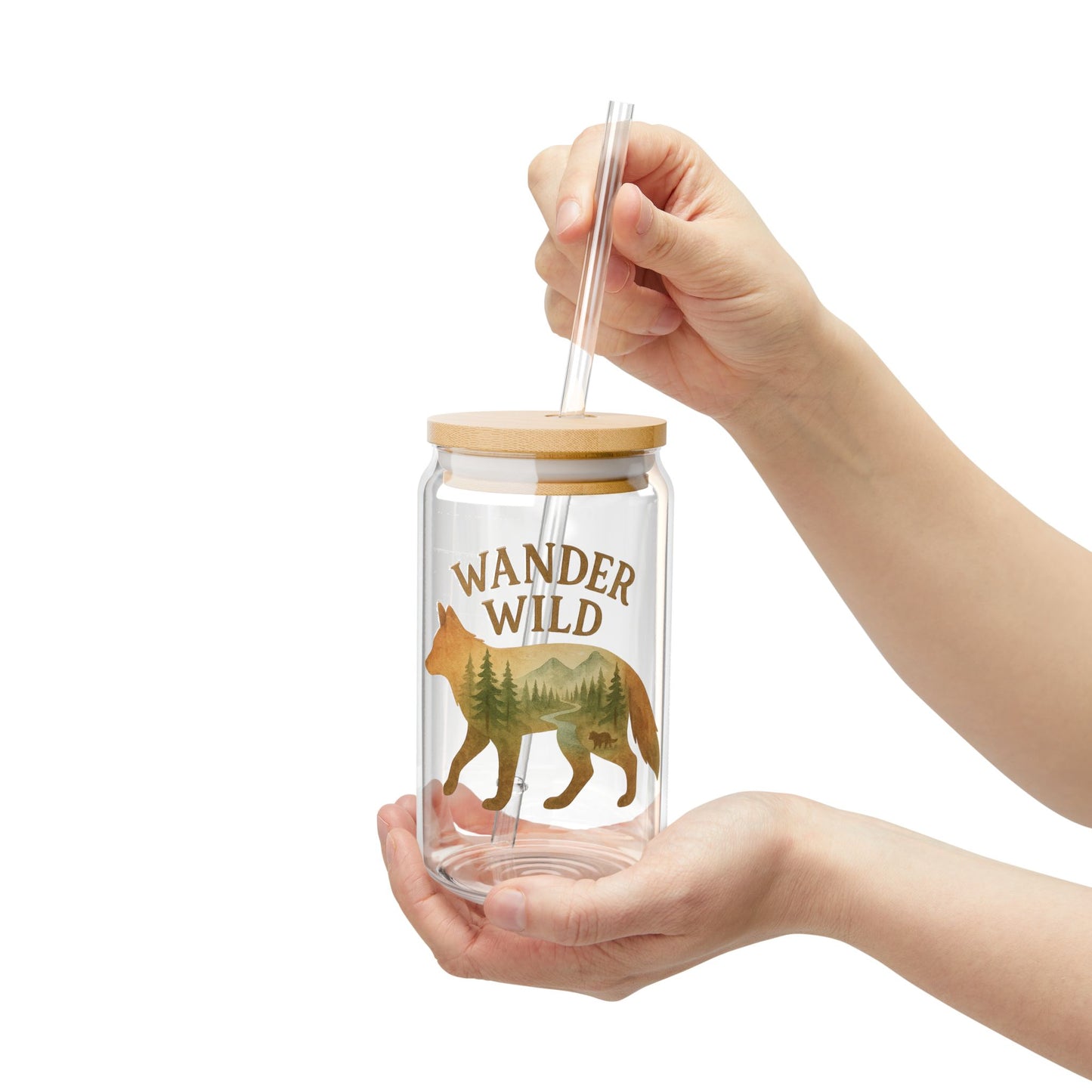 Wander Wild Sipper Glass, 16oz Travel Mug, Bohemian Drinkware, Nature Lover Gift, Adventure Cup, Eco-Friendly Straw Bottle